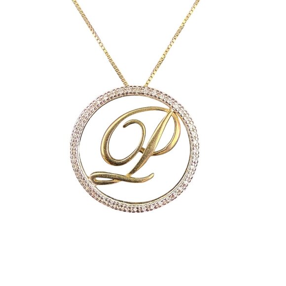 Gold Tone "P" Pendant Necklace 925 Sterling Silver Chain Round Crystal Accent - Picture 5 of 6